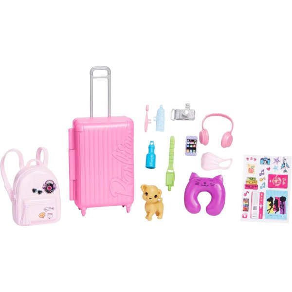 barbie doll and accessories, 'malibu' travel set with puppy and 10+ pieces including working suitcase3