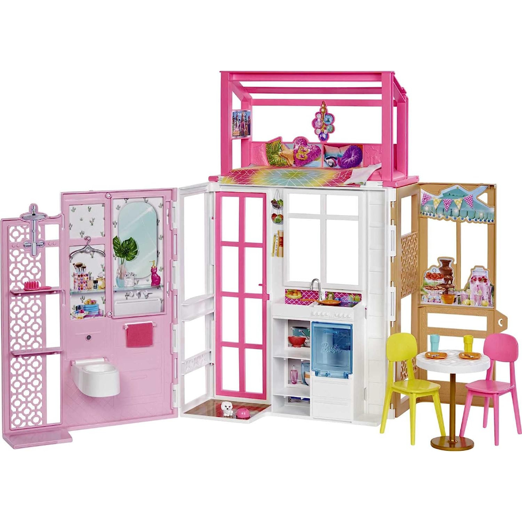 barbie doll house with furniture & accessories including pet puppy, 4 play areas