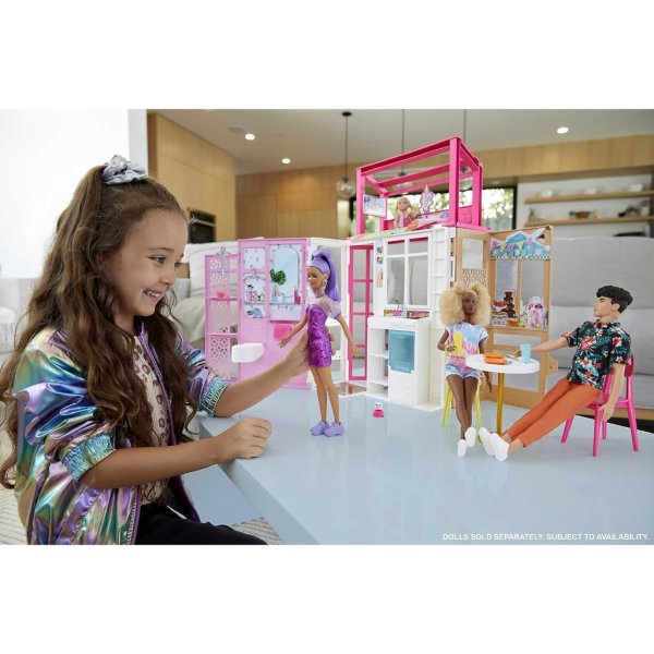 barbie doll house with furniture & accessories including pet puppy, 4 play areas1