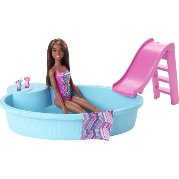 barbie doll and pool playset with pink slide. brunette1