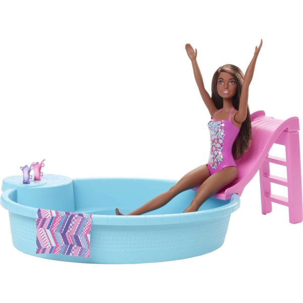 barbie doll and pool playset with pink slide. brunette2