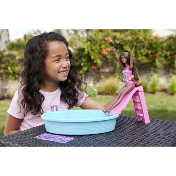 barbie doll and pool playset with pink slide. brunette4