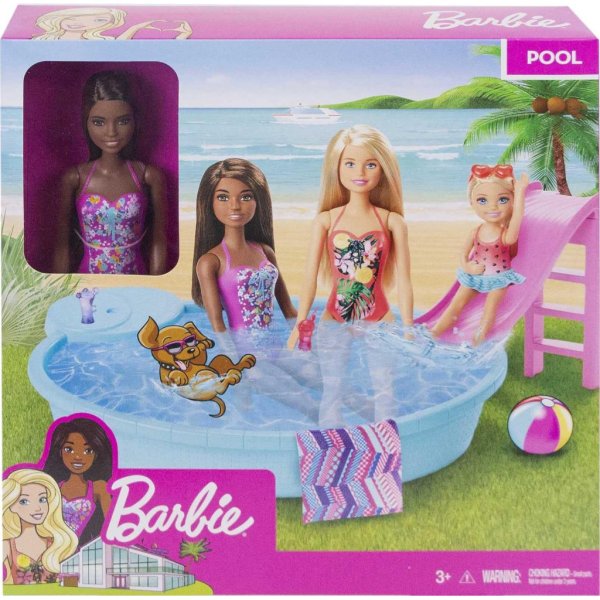barbie doll and pool playset with pink slide. brunette5