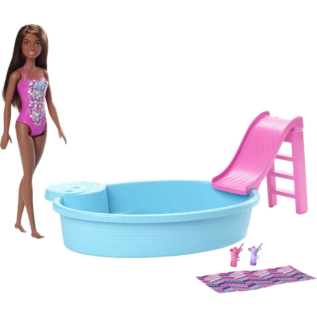 barbie doll and pool playset with pink slide. brunette6