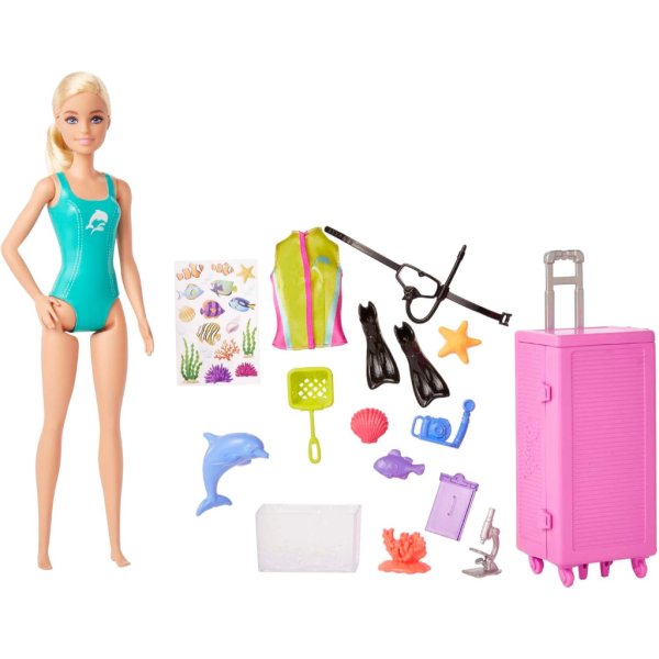 barbie marine biologist doll and accessories, mobile lab playset with brunette doll and 10+ pieces3