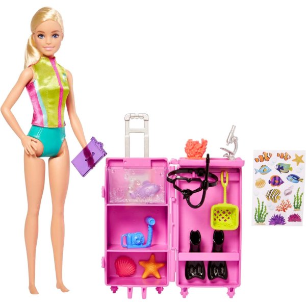 barbie marine biologist doll and accessories, mobile lab playset with brunette doll and 10+ pieces4