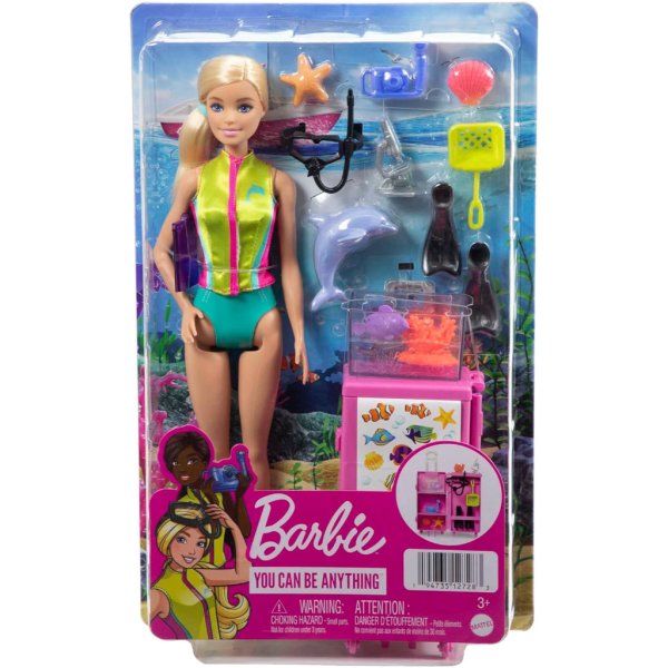 barbie marine biologist doll and accessories, mobile lab playset with brunette doll and 10+ pieces6