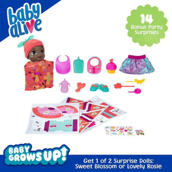 baby alive baby grows up exclusive, bonus extra ! 1 growing doll toy, 14 party surprises1