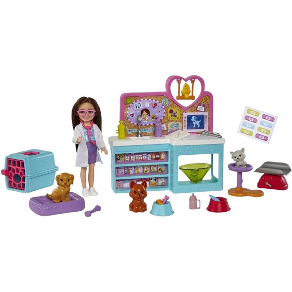 barbie chelsea doll and accessories, pet vet playset with doll, 4 animals and 18 pieces