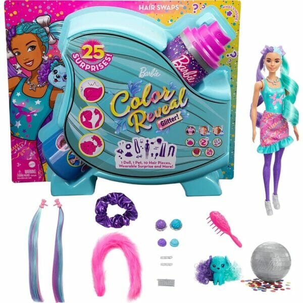 barbie color reveal doll, glittery purple with 25 hairstyling