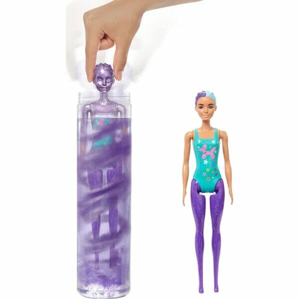 barbie color reveal doll, glittery purple with 25 hairstyling1