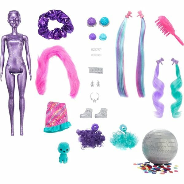 barbie color reveal doll, glittery purple with 25 hairstyling5
