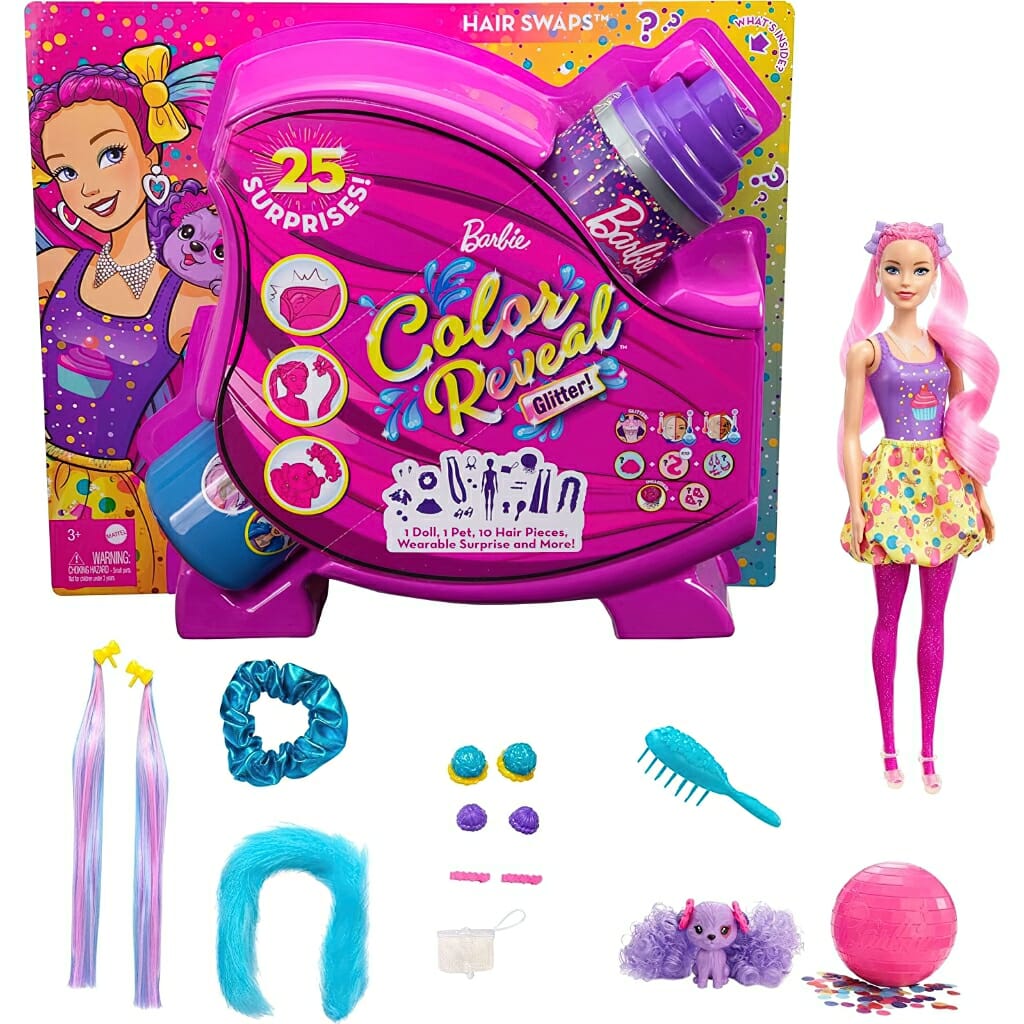 barbie color reveal glitter! hair swaps doll, glittery pink w ith 25 surprises1