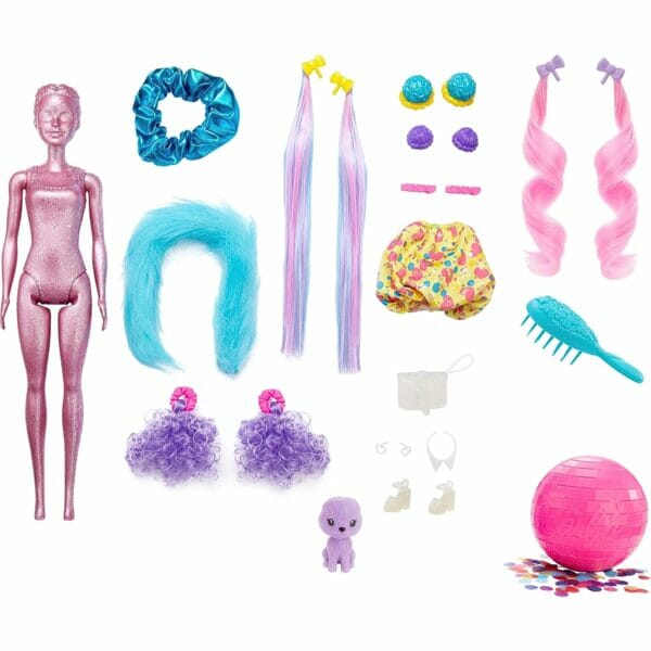 barbie color reveal glitter! hair swaps doll, glittery pink w ith 25 surprises6