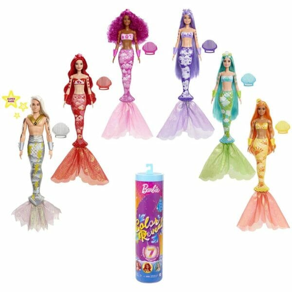 barbie color reveal mermaid doll with 7 surprises, rainbow mermaid series