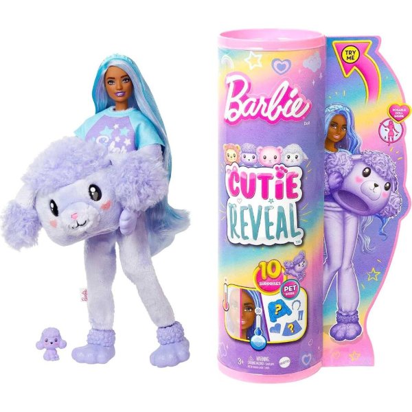 barbie cutie reveal doll with purple hair & poodle costume