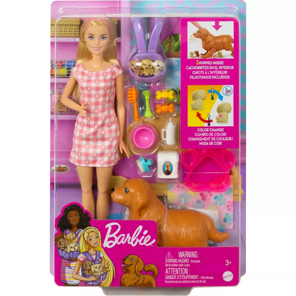 barbie doll and newborn puppies playset, blonde