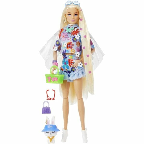 barbie extra doll #12 in floral 2 piece outfit with pet bunny, for 3 year olds & up1