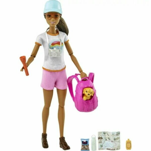 barbie hiking doll, brunette, with puppy & 9 accessories 1