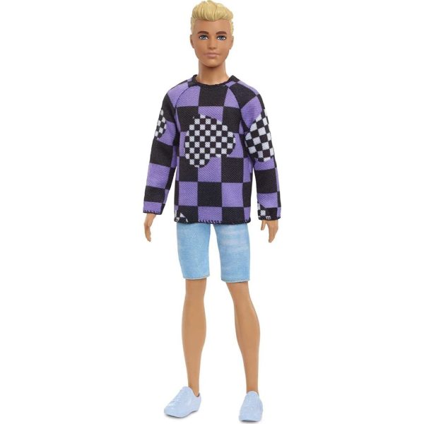 barbie ken fashionistas doll #191, blonde cropped hair, checkered sweater, denim shorts, white sneakers 1