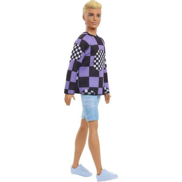 barbie ken fashionistas doll #191, blonde cropped hair, checkered sweater, denim shorts, white sneakers 3