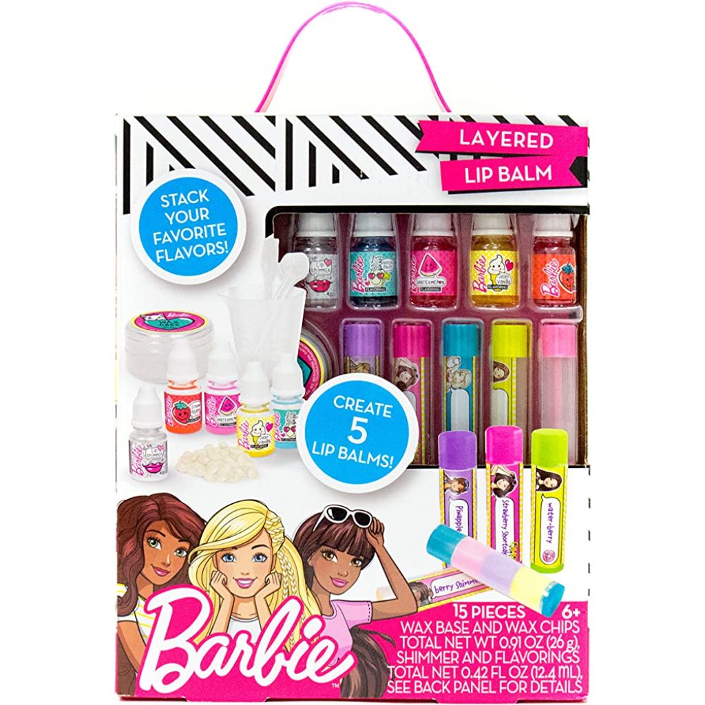 barbie make your own layered lip balm kit, diy 5 custom lip balms by mixing flavors like vanilla, strawberry, watermelon & tropical punch, multicolored (4)