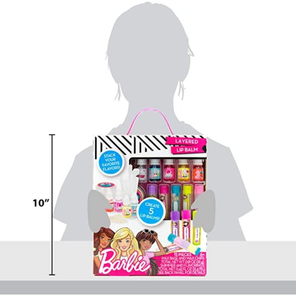 barbie make your own layered lip balm kit, diy 5 custom lip balms by mixing flavors like vanilla, strawberry, watermelon & tropical punch, multicolored (5)