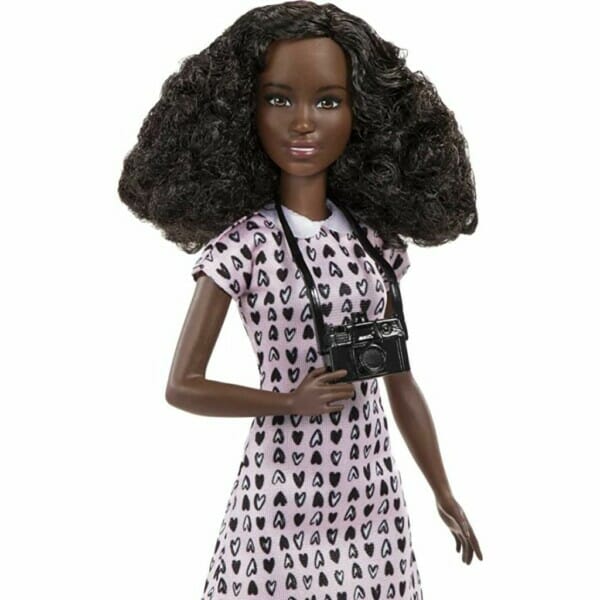 barbie photographer doll (12 inches), petite brunette, heart print dress & shoes, gift for ages 3 years old & up 3