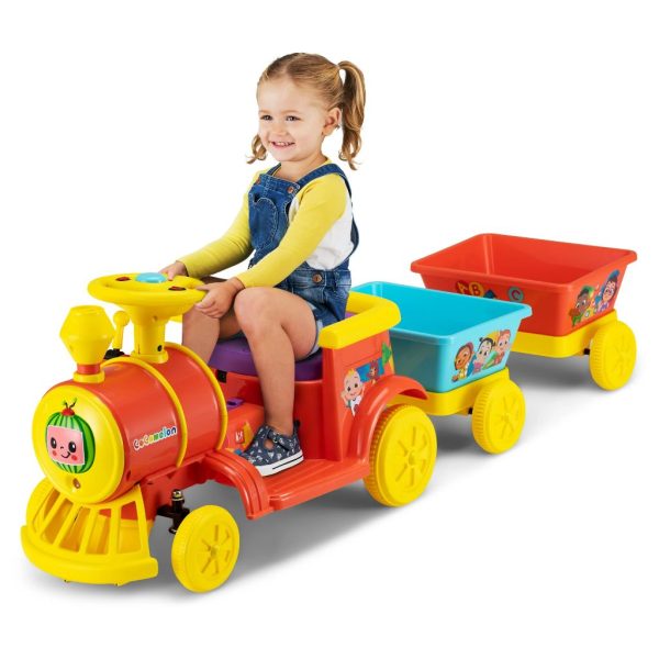 cocomelon choo choo train 6v ride on toy by kid trax, one rider 1