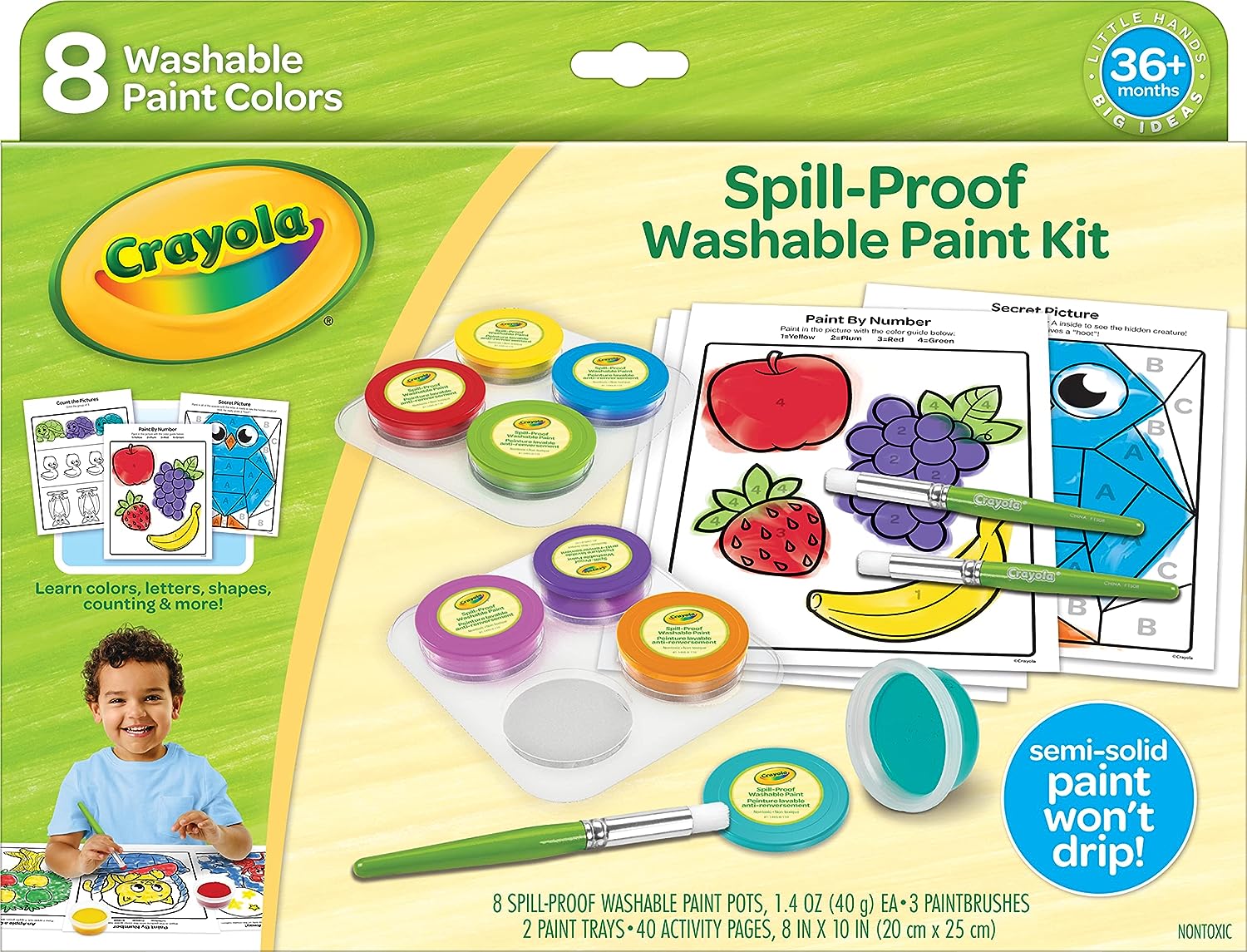crayola spill proof paint set (8ct), washable toddler paint kit, with activity pages, kids paint brushes, paint pots, ages 3+ (1)
