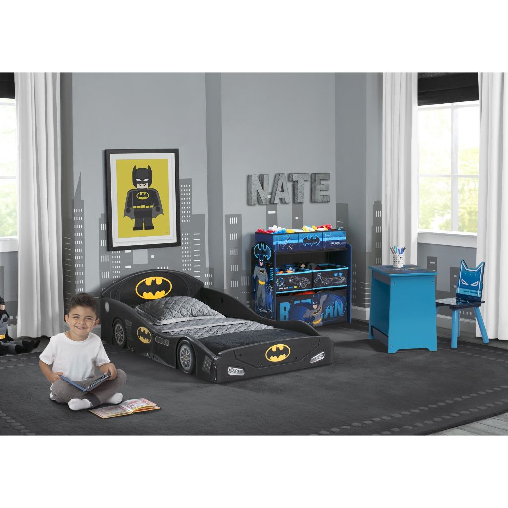 batman 4 piece room in a box bedroom set by delta children includes sleep & play toddler bed, 6 bin design & store toy organizer and art desk with chair (11)
