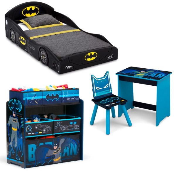 batman 4 piece room in a box bedroom set by delta children includes sleep & play toddler bed, 6 bin design & store toy organizer and art desk with chair (14)