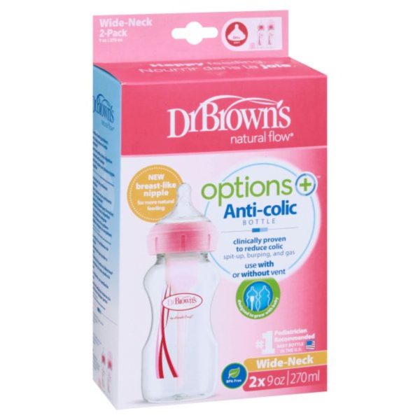 dr. brown's options+ anticolic bottle wide neck bottle 2 pack 9oz pink (2)