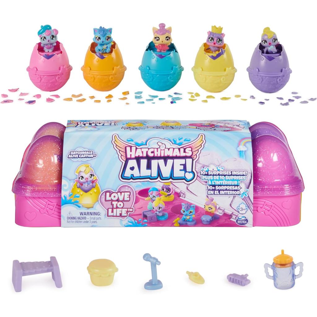 hatchimals alive, egg carton toy with 5 mini figures in self hatching eggs