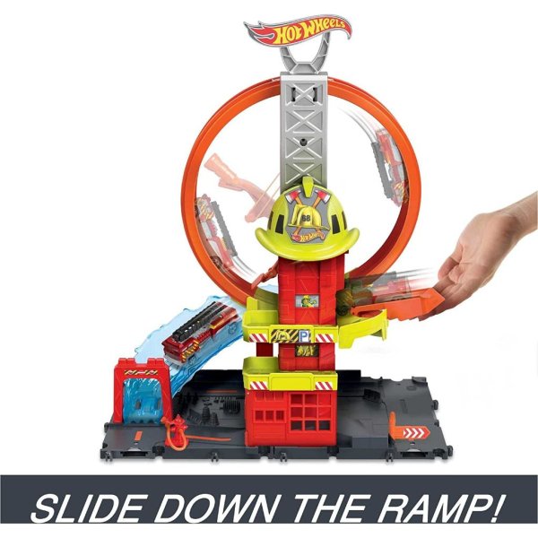 hot wheels toy car track set city super loop fire station4