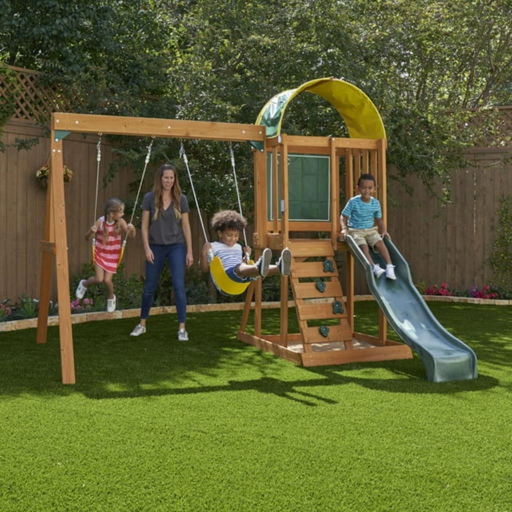 kidkraft ainsley wooden outdoor swing set with slide and rock wall1