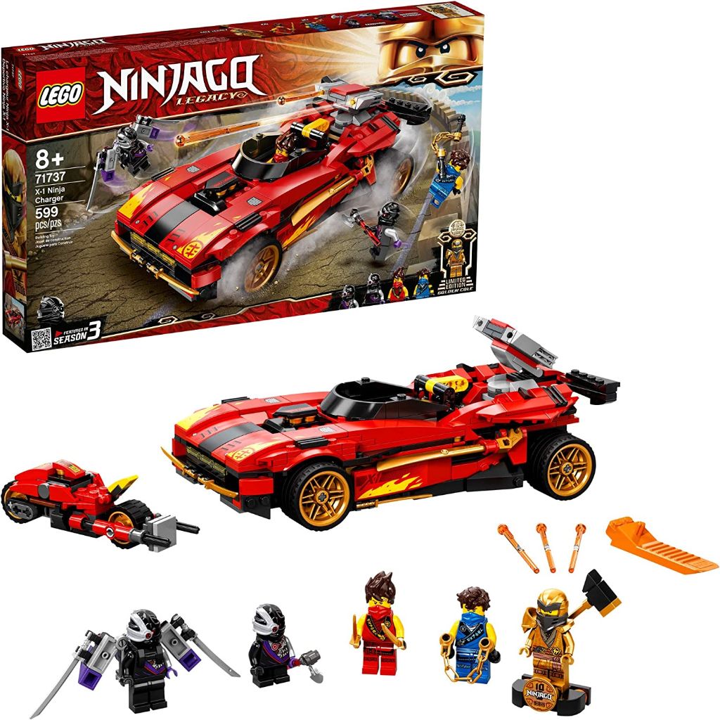 lego ninjago legacy x 1 ninja charger 71737 ninja toy building kit featuring motorcycle and collectible minifigures, (2)