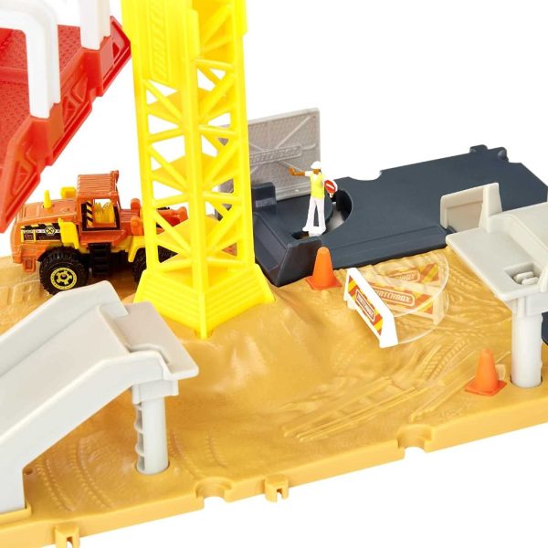 matchbox action drivers construction playset, moving crane, car activated features, includes 1 matchbox toy bulldozer, for kids 3 years old & older 1