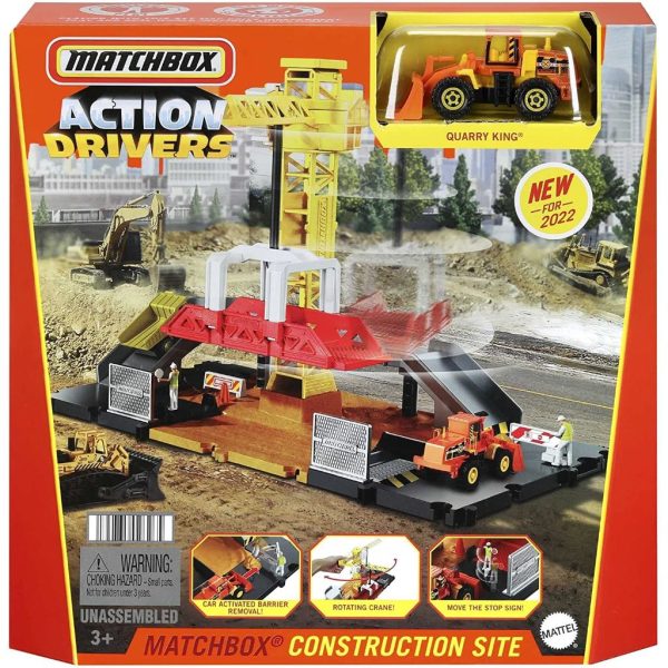 matchbox action drivers construction playset, moving crane, car activated features, includes 1 matchbox toy bulldozer, for kids 3 years old & older 5