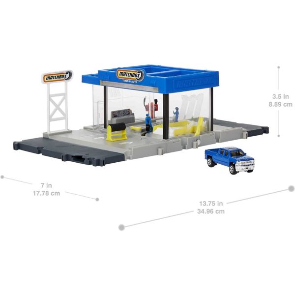 matchbox action drivers matchbox auto shop playset with 1 matchbox chevy silverado, moving parts & figures, toy for kids 3 years old & up (1)