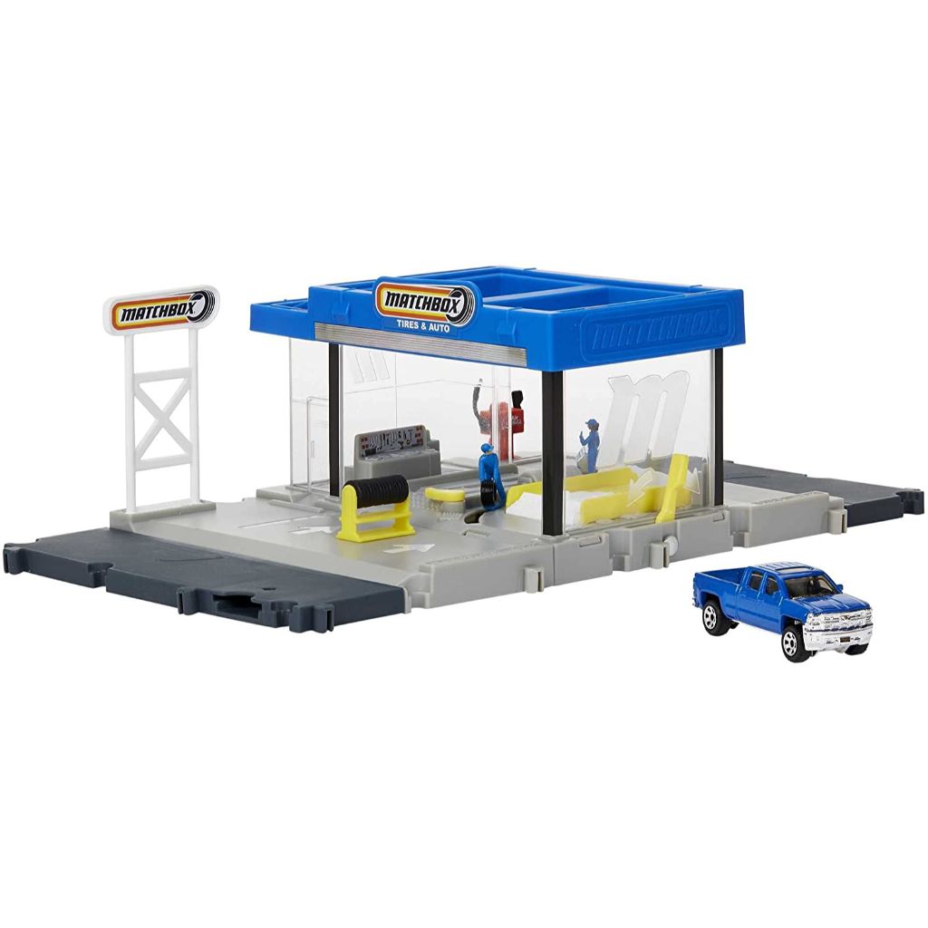 matchbox action drivers matchbox auto shop playset with 1 matchbox chevy silverado, moving parts & figures, toy for kids 3 years old & up (2)