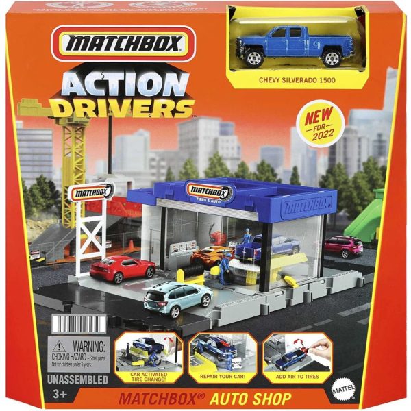 matchbox action drivers matchbox auto shop playset with 1 matchbox chevy silverado, moving parts & figures, toy for kids 3 years old & up (6)