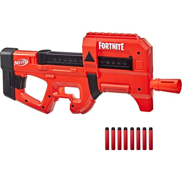 nerf fortnite compact smg motorized blaster, ultra red wrap design, 8 dart internal clip, 8 elite foam darts, electric semi auto fortnite toy blaster