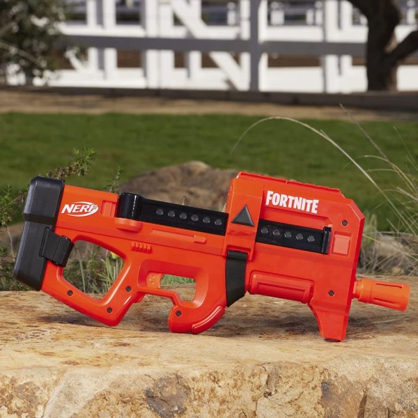 nerf fortnite compact smg motorized blaster, ultra red wrap design, 8 dart internal clip, 8 elite foam darts, electric semi auto fortnite toy blaster2