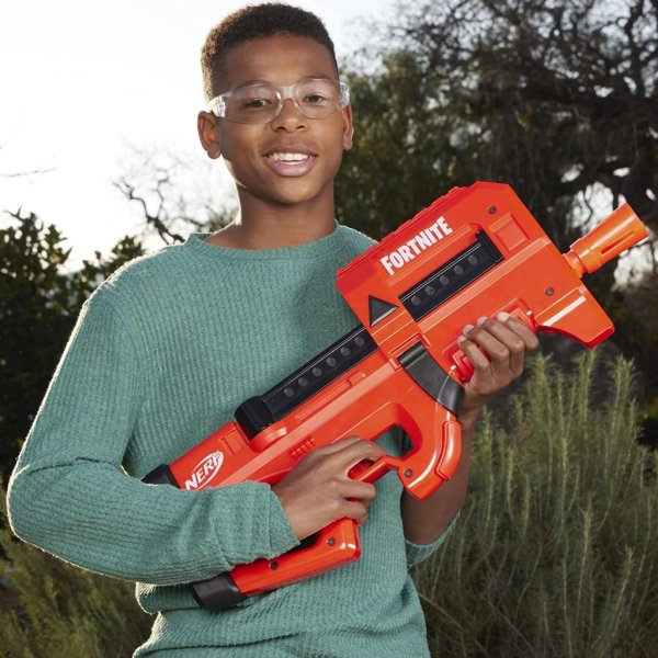 nerf fortnite compact smg motorized blaster, ultra red wrap design, 8 dart internal clip, 8 elite foam darts, electric semi auto fortnite toy blaster3