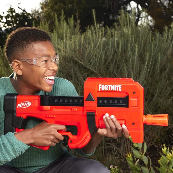nerf fortnite compact smg motorized blaster, ultra red wrap design, 8 dart internal clip, 8 elite foam darts, electric semi auto fortnite toy blaster4