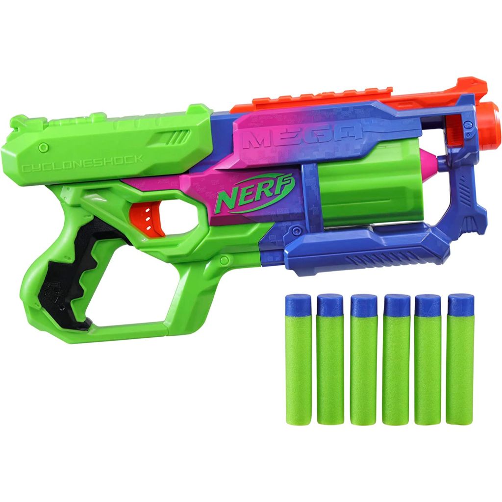 nerf mega cycloneshock toy blaster, cybershock color style, 6 dart drum, 6 nerf accustrike mega darts