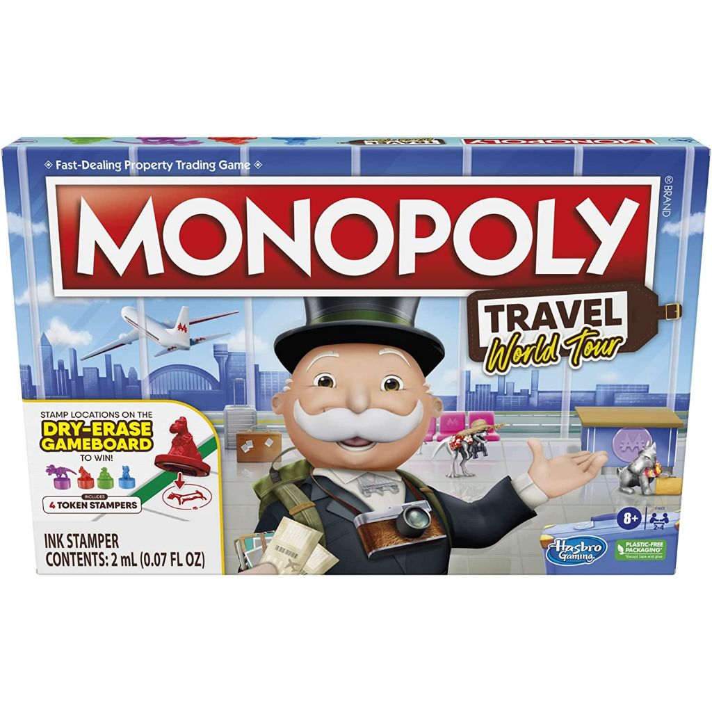 monopoly world tour board game with token stampers and dry erase gameboard
