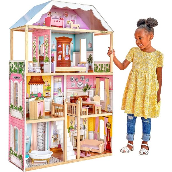 kidkraft charlotte classic wooden dollhouse with ez kraft assembly™, 14 piece accessory set, for 12 inch dolls, gift for ages 3+ (1) (1)