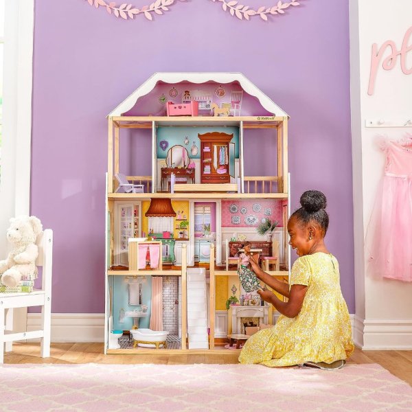 kidkraft charlotte classic wooden dollhouse with ez kraft assembly™, 14 piece accessory set, for 12 inch dolls, gift for ages 3+ (2) (1)